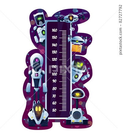 Kids height chart or growth measure meter with cartoon robots and drones. Vector wall meter ruler scale of children growth indicator with white android bots and artificial intelligence Kids height chart or growth measure meter with cartoon robots and drones. Vector wall meter ruler scale of children growth indicator with white android bots and artificial intelligence 82727792
