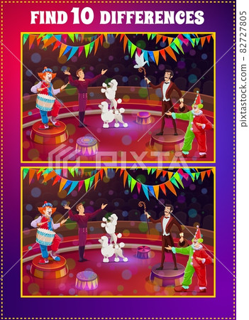 Circus ten differences kids game. Children educational activity, cartoon vector game with matching task. Logical riddle, child playing exercises with circus performer, magician, clowns and animals 82727805
