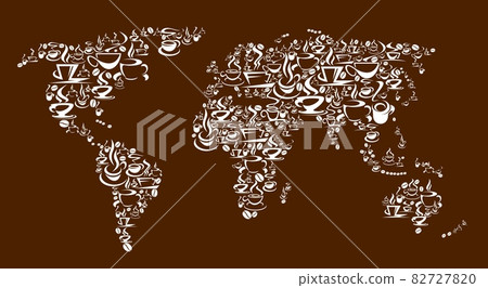 Steaming coffee cups, pots and beans vector world map. Freshly brewed espresso, cappuccino or latte, hot chocolate or macchiato coffee drinks in mugs and demitasse cups with saucers and steam 82727820