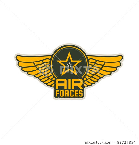 Air forces patch vector icon of wings, shield and star. Military aircraft wings isolated heraldic badge of army or navy aviation division, squadron, flight or group, armed service heraldry Air forces patch vector icon of wings, shield and star. Military aircraft wings isolated heraldic badge of army or navy aviation division, squadron, flight or group, armed service heraldry 82727854