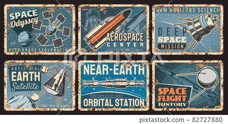 Spaceships and satellites rusty plates of vector galaxy universe space and astronomy science. Spaceship, shuttle, rocket and satellite with astronaut in space suit flying through planets and stars Spaceships and satellites rusty plates of vector galaxy universe space and astronomy science. Spaceship, shuttle, rocket and satellite with astronaut in space suit flying through planets and stars 82727880