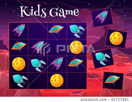 Space sudoku game. Kids maze, children logical puzzle or rebus with cartoon vector UFO flying saucer spaceship, alien rockets and planet or moon. Child playing activity worksheet, crossword or riddle Space sudoku game. Kids maze, children logical puzzle or rebus with cartoon vector UFO flying saucer spaceship, alien rockets and planet or moon. Child playing activity worksheet, crossword or riddle 82727881