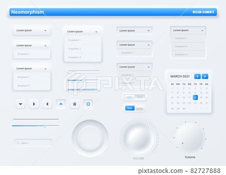 Neumorphic UI, user interface buttons, search bars and switches. Vector UX kit for mobile application, web social media with knob, volume buttons and sliders, search box, action bars and calendar 82727888