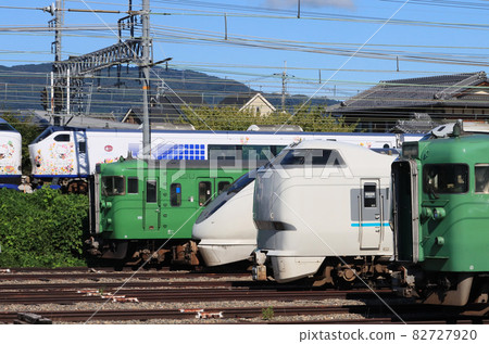 Trains lined up at the Kyoto branch of Mukomachi Trains lined up at the Kyoto branch of Mukomachi 82727920