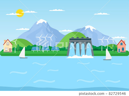 Ecological Sustainable Energy Supply Background Vector Flat Illustration Power Plant Station Buildings With Solar Panels, Gas, Geothermal, Renewable, Water and Wind Turbines 82729546