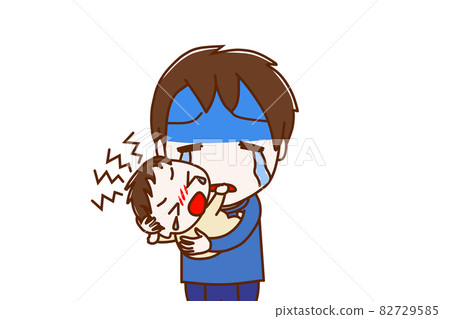 <Upper body / front> A boy who feels the limit of physical strength and energy to comfort a baby who never stops crying 82729585