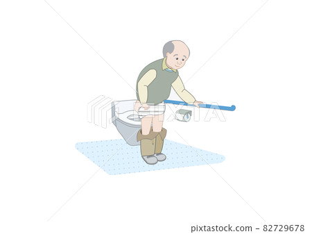 Color illustration of an old man doing self-reliant excretion while holding a handrail 82729678