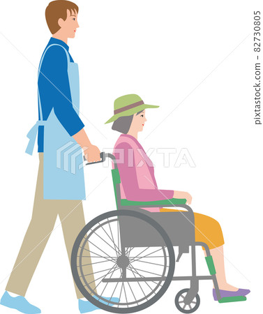 男性看護人推著女性乘坐的輪椅的矢量圖 男性看護人推著女性乘坐的輪椅的矢量圖 82730805