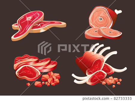 The color of the meat and organs from the legs, ribs and neck is the meat of pigs and cows, simple design on brown background. flat style cartoon illustration vector 82733333