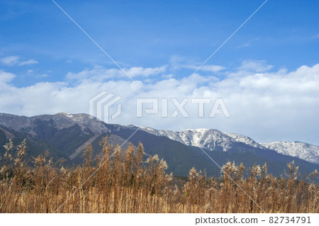 Winter scenery of terraced rice fields overlooking Mt. Bunagatake on the west bank of Lake Biwa-9 82734791