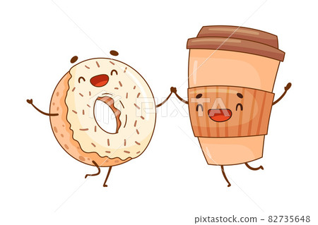 Glazed donut and cup of coffee characters holding by hands. Perfect couple, friends forever cartoon vector illustration 82735648