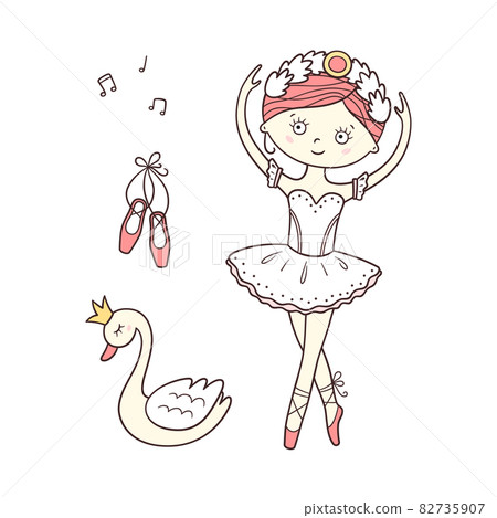 Little cute ballerina in pointe shoes and swan with crown. Isolated vector illustration in doodle style 82735907