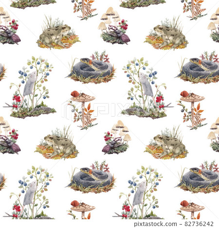 Beautiful vector seamless forest pattern with cute watercolor hand drawn wild animals snake mouse frog and berries mushrooms. Stock illustration. 82736242