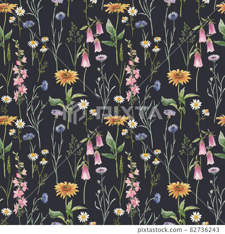 Beautiful vector seamless floral pattern with hand drawn watercolor gentle wild field flowers. Stock illuistration. 82736243