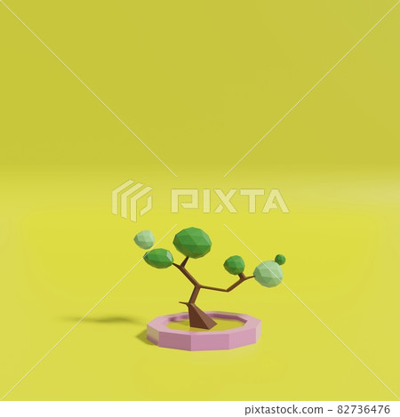 Low poly 3D bonsai and pink flowerpot, yellow background Low poly 3D bonsai and pink flowerpot, yellow background 82736476