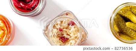 Fermented food panorama, shot from above on a white background Fermented food panorama, shot from above on a white background 82736536
