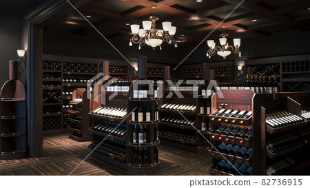Wine store interior. Wine bottles in the wine store. Shelves with wine bottles. 3d illustration Wine store interior. Wine bottles in the wine store. Shelves with wine bottles. 3d illustration 82736915