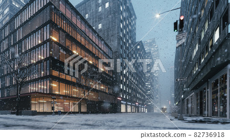 Snow in an empty city. Heavy snowfall in the city. Snowstorm in Manhattan. City with snow flakes. 3d illustration Snow in an empty city. Heavy snowfall in the city. Snowstorm in Manhattan. City with snow flakes. 3d illustration 82736918
