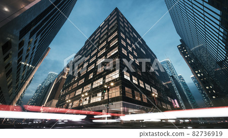 Timelapse of big city busy street in the night. Car traffic across intersections. Road traffic and skyscrapers. 3d illustration Timelapse of big city busy street in the night. Car traffic across intersections. Road traffic and skyscrapers. 3d illustration 82736919