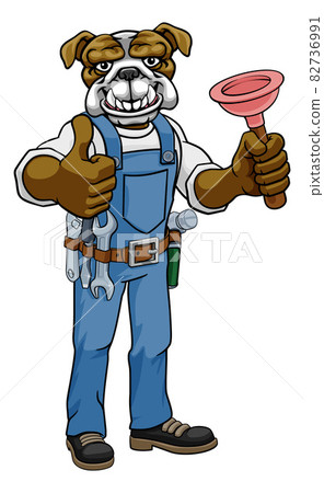 Bulldog Plumber Cartoon Mascot Holding Plunger Bulldog Plumber Cartoon Mascot Holding Plunger 82736991