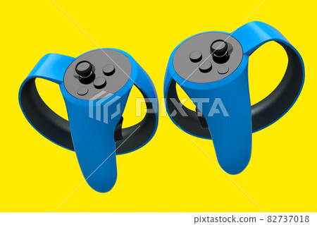 Virtual reality blue controllers for online and cloud gaming on yellow background. 3D rendering of device for augmented reality or VR Virtual reality blue controllers for online and cloud gaming on yellow background. 3D rendering of device for augmented reality or VR 82737018