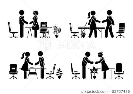 Stick figure business men and women at meeting, negotiation, good deal vector icon set. Stickman office workers handshaking, talking pictogram on white Stick figure business men and women at meeting, negotiation, good deal vector icon set. Stickman office workers handshaking, talking pictogram on white 82737426