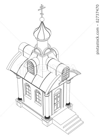 Chapel contour from black lines isolated on white background. Isometric view. Vector illustration Chapel contour from black lines isolated on white background. Isometric view. Vector illustration 82737470