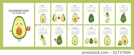 Vertical calendar 2022. Cute kawaii avocado. Wall table corporate planner vector template. Pages and cover. Healthy food fruits diet weight loss. Children kids celebration. Week starts on Sunday Vertical calendar 2022. Cute kawaii avocado. Wall table corporate planner vector template. Pages and cover. Healthy food fruits diet weight loss. Children kids celebration. Week starts on Sunday 82737606