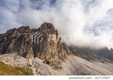 Sesto Dolomites Italy - South Rock Face of Tre Cime di Lavaredo or Drei Zinnen Sesto Dolomites Italy - South Rock Face of Tre Cime di Lavaredo or Drei Zinnen 82737607