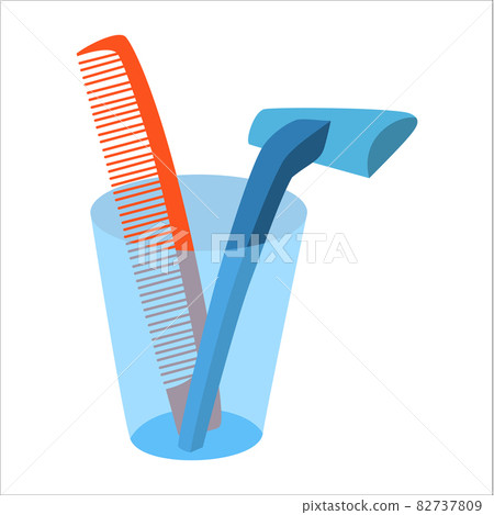 a shaver, a glass with a red comb in it, and a beard scraper vector illustration 82737809