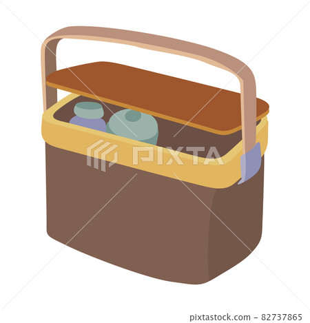 In a brown picnic basket/bag in which there are two bottles of drinking water vector illustration 82737865