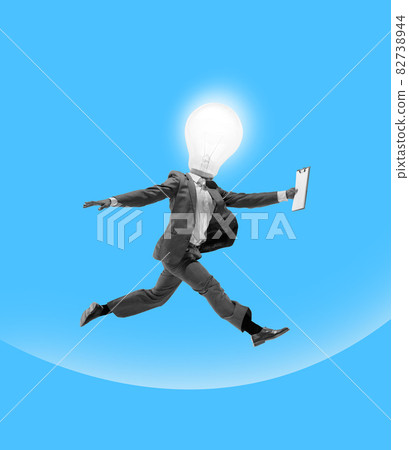 Contemporary art collage. Business concept. Composition with young manager, leader jumping, flying isolated on abstract background 82738944