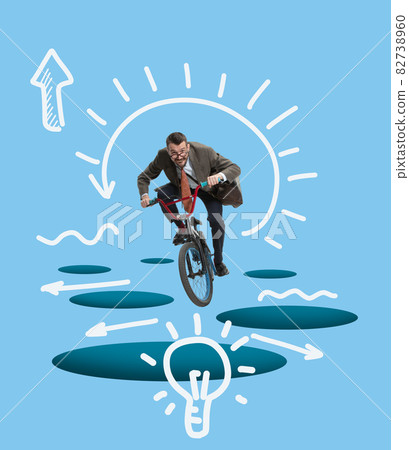 Contemporary art collage. Business concept. Composition with young man riding on bike and generate new business ideas. Contemporary art collage. Business concept. Composition with young man riding on bike and generate new business ideas. 82738960