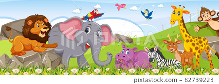 Panorama landscape with various wild animals in the forest 82739223