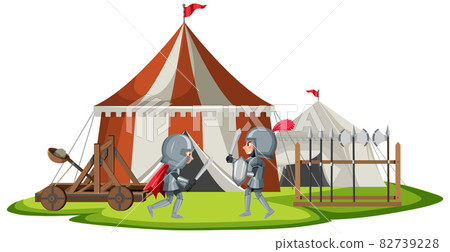 Military medieval camp with two warriors fighting - Stock Illustration ...