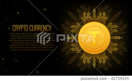 Cryptocurrency logo. Tether in flat style on golden background. Vector design isolated. Internet technology. 82739324