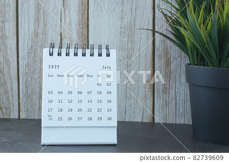 White July 2022 calendar with potted plant. New Year Concept White July 2022 calendar with potted plant. New Year Concept 82739609