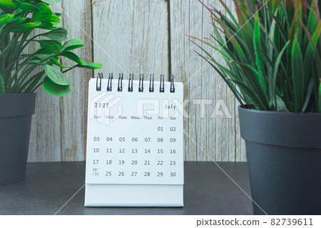 White July 2022 calendar with potted plant. New Year Concept White July 2022 calendar with potted plant. New Year Concept 82739611