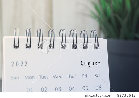 Blurred white August 2022 calendar with potted plant. New Year Concept Blurred white August 2022 calendar with potted plant. New Year Concept 82739612