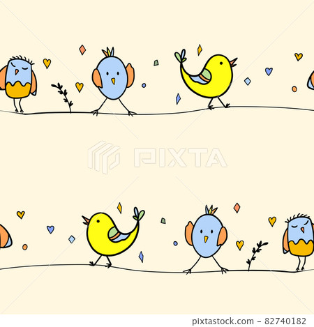 Seamless pattern with funny colorful birds sitting on wires. Color flat vector illustration with little cartoon bird. Cute characters. Template design for invitation, flyer, textile, fabric for kids 82740182