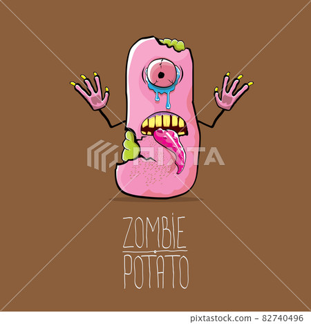 vector funny cartoon cute pink zombie potato character isolated on brown background. My name is zombie potato vector concept halloween background. monster vegetable funky character vector funny cartoon cute pink zombie potato character isolated on brown background. My name is zombie potato vector concept halloween background. monster vegetable funky character 82740496