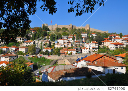 Houses and Samuel Castle overlooking the Church of the Virgin Mary in Ohrid, Macedonia Houses and Samuel Castle overlooking the Church of the Virgin Mary in Ohrid, Macedonia 82741908