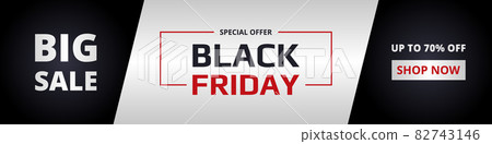 Black friday, wide banner. Black friday dark, silver and red vertical banner template. Big sale, special offer, up to 70 percent off. 82743146
