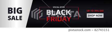 Black friday, wide banner template. Black friday dark, red and silver vertical banner. Big sale, special offer, up to 70 percent off. 82743151