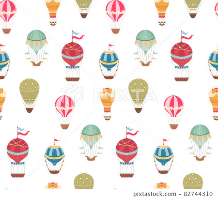 Seamless pattern witn vintage hot air balloons with ribbons and flags on white background. Wallpaper with retro air transport. Vector flat texture Seamless pattern witn vintage hot air balloons with ribbons and flags on white background. Wallpaper with retro air transport. Vector flat texture 82744310