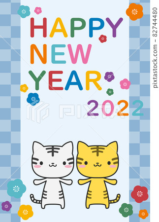New Year's card with colorful letters, plum blossoms and tiger year New Year's card with colorful letters, plum blossoms and tiger year 82744480