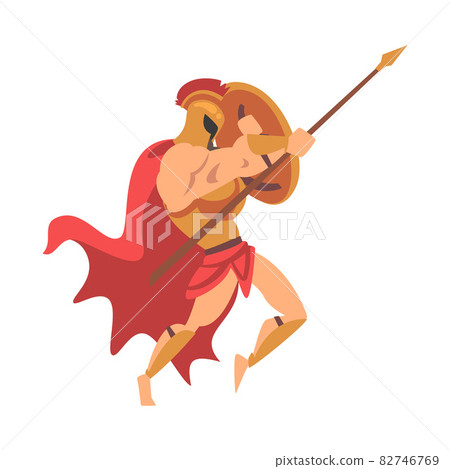 Spartan Man in Red Cloak and Helmet Armed with Spear and Shield Attacking Vector Illustration Spartan Man in Red Cloak and Helmet Armed with Spear and Shield Attacking Vector Illustration 82746769