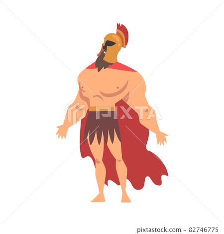 Spartan Muscular Man in Red Cloak and Helmet Standing Vector Illustration 82746775