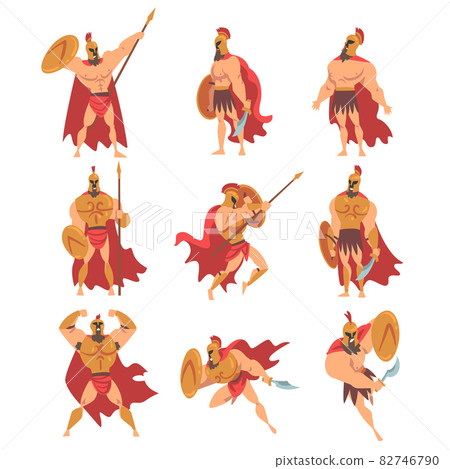 Spartan Man in Red Cloak and Helmet Armed with Spear and Shield Standing and Attacking Vector Set Spartan Man in Red Cloak and Helmet Armed with Spear and Shield Standing and Attacking Vector Set 82746790