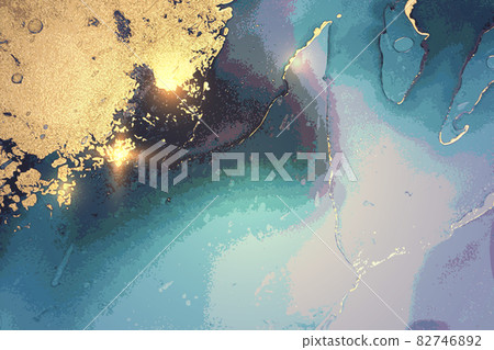 Gold, blue and celadon abstract marble background with sparkles 82746892